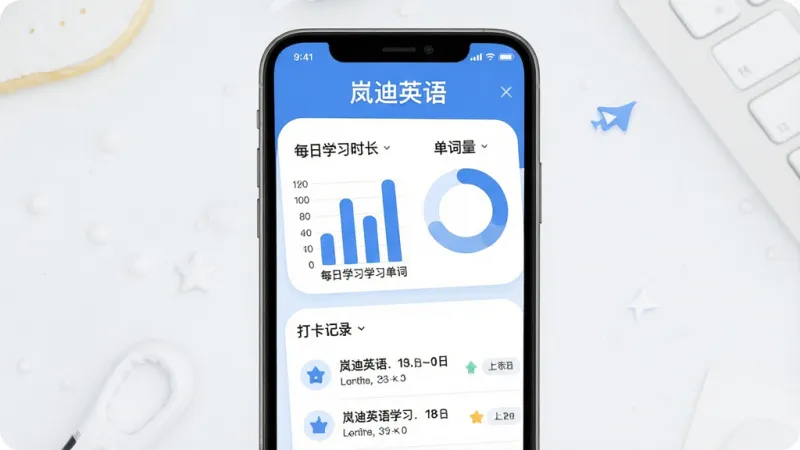 一张展示岚迪英语学习数据统计页面的图片,画面中手机屏幕显示学习报告界面,顶部有“岚迪英语”文字,中间是柱状图和环形图展示每日学习时长与单词量,下方是打卡记录列表,整体布局清晰,蓝白配色,风格现代扁平,细节圆润,画质干净无多余元素