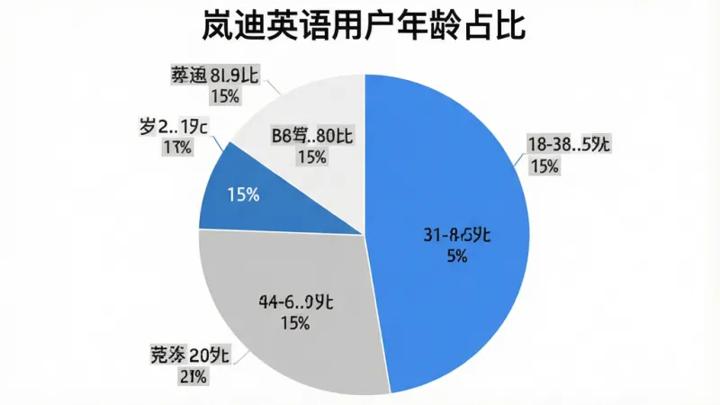 一张展示岚迪英语用户年龄分布的饼状图,图表标题为“岚迪英语用户年龄占比”,图中显示18岁以下占15%、18-30岁占45%、31-45岁占25%、46-60岁占15%,配色为蓝白灰系,风格简洁现代,数据标签清晰,画质干净无多余元素