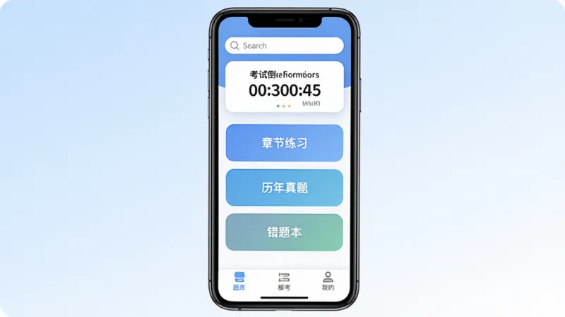 设备监理师题库帮软件主界面全貌展示,手机屏幕居中竖放,背景为浅蓝到白色的渐变,屏幕内显示题库首页布局,顶部有搜索框和考试倒计时卡片,中部为章节练习、历年真题、错题本三个大按钮,底部为题库、模考、我的三个选项卡,风格清爽扁平,细节圆润,画质干净无多余元素