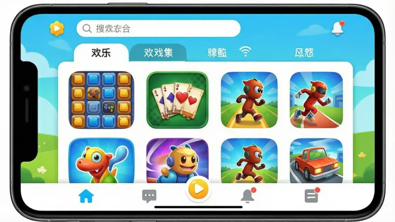一张展示“欢乐游戏合集”应用主界面的手机截图,画面中央是明亮的游戏大厅,顶部有搜索框和分类标签,中间是网格排布的游戏图标(如消除、棋牌、跑酷),底部是导航栏,整体风格轻松活泼,色彩鲜艳,画质清晰干净,无多余元素
