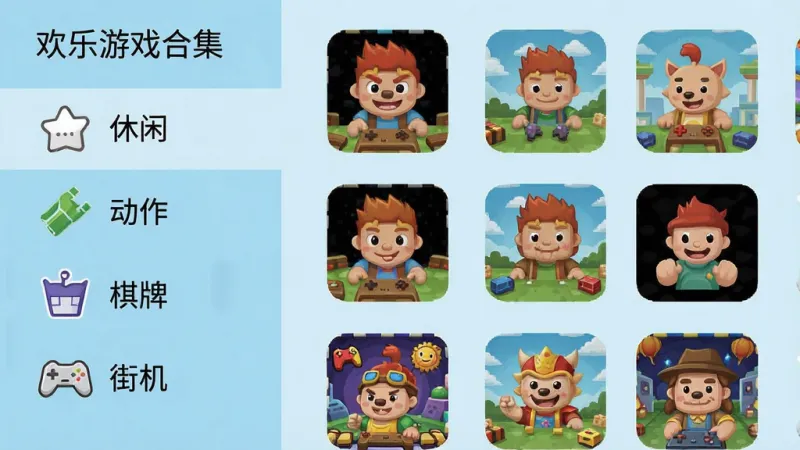 一张“欢乐游戏合集”分类页面的手机界面图,左侧是竖排分类导航栏(休闲、动作、棋牌、街机),右侧是游戏缩略图列表,界面干净整洁,背景为淡蓝色,图标设计扁平化,画质清晰