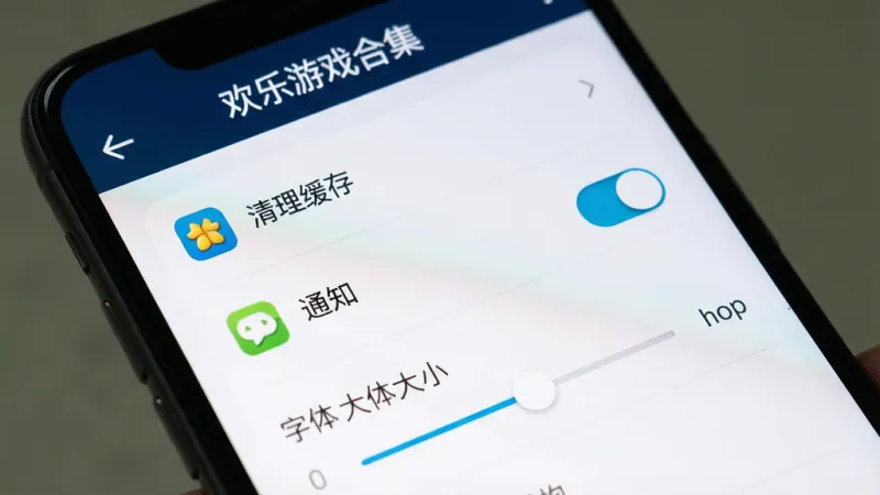 一张手机屏幕特写,显示“欢乐游戏合集”的设置界面,包含清理缓存、通知开关、字体大小调节等选项,界面简洁,图标清晰,画质干净