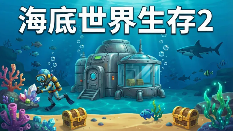 一张展示海底世界生存2游戏全貌的横版宣传图,画面主体是蔚蓝深海场景,中央有一座由金属板和玻璃舱搭建的海底基地,基地周围漂浮着氧气泡,左侧有一名穿着潜水服的角色正在采集珊瑚旁的矿石,右侧远处有一条鲨鱼剪影游过,底部是沙质海床散落着宝箱和发光海草,顶部用白色粗体字写着“海底世界生存2”,整体风格为明亮卡通渲染,色彩以蓝绿为主,细节包含气泡粒子、光线折射和鱼群,画质清晰干净,无多余元素