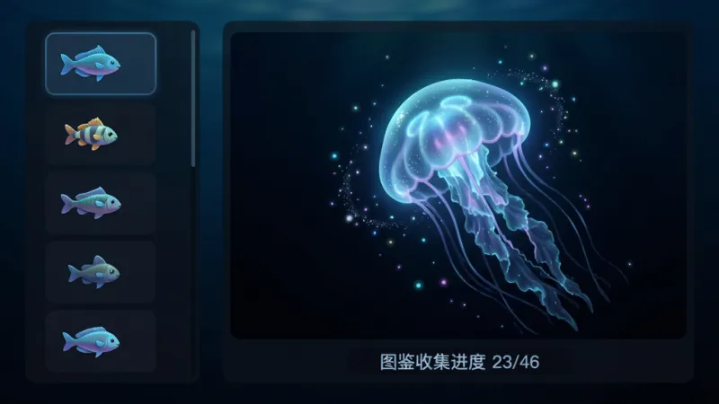 海底世界生存2游戏内海洋生物图鉴界面插图,画面左侧竖排显示已收集的鱼类图标,右侧大图展示一只发光的幽灵水母在深色海水中漂浮,水母周围有粒子光效,底部有“图鉴收集进度 23/46”的中文文字条,背景是渐变的深海蓝到黑,界面风格为暗色系卡片式布局,画质细腻干净,无多余元素