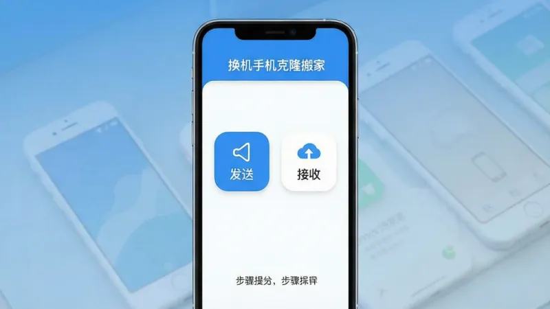 一张展示换机手机克隆搬家操作界面的场景图,画面中手机屏幕显示简洁的首页布局,顶部是软件名称“换机手机克隆搬家”,中间是两个大按钮分别写着“发送”和“接收”,底部有步骤提示文字,整体以蓝白配色为主,风格现代扁平,图标圆润清晰,画质干净无多余元素