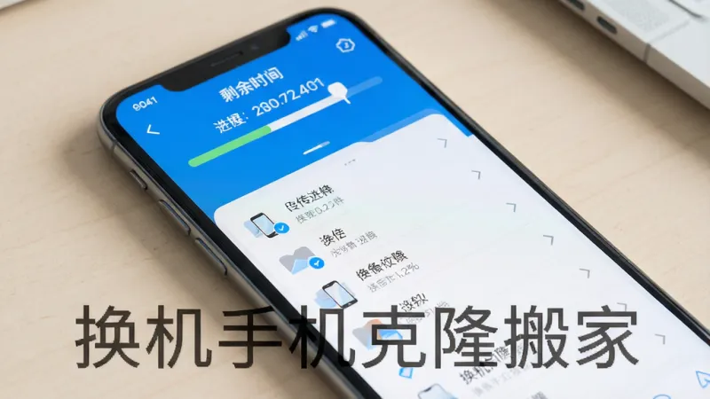 一张展示换机手机克隆搬家传输进度界面的场景图,画面中手机屏幕显示传输进度条和已传文件列表,顶部有剩余时间提示,界面以蓝白配色为主,风格简洁现代,图标清晰,画质干净,图片中带文字“换机手机克隆搬家