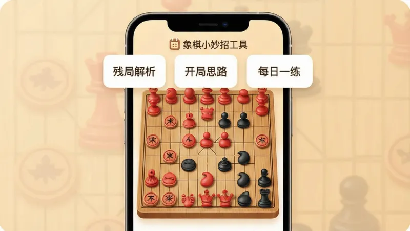 一张展示“象棋小妙招工具”应用主界面的手机样机图，画面中央是木质纹理的象棋棋盘，红黑棋子错落摆放，棋盘上方悬浮着简洁的功能卡片，写着“残局解析”“开局思路”“每日一练”等字样，背景是温暖的米黄色调，整体风格清爽扁平，细节圆润，画质干净清晰，无多余装饰元素