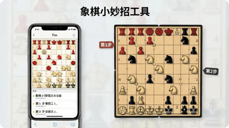 一张“象棋小妙招工具”功能展示图，画面左侧是手机屏幕显示残局破解步骤列表，右侧是展开的象棋棋盘示意图，红方黑方棋子清晰，棋盘旁有“第1步”“第2步”的小标签，背景浅灰，风格简洁现代，画质干净，无杂乱元素