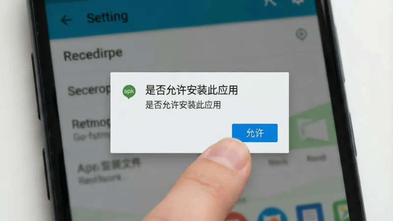 一张展示安卓手机安装apk文件过程的示意图，屏幕上弹出“是否允许安装此应用”的提示框，手指正点击“允许”按钮，背景是手机设置界面的模糊虚化，风格写实清晰，画质干净，无多余元素