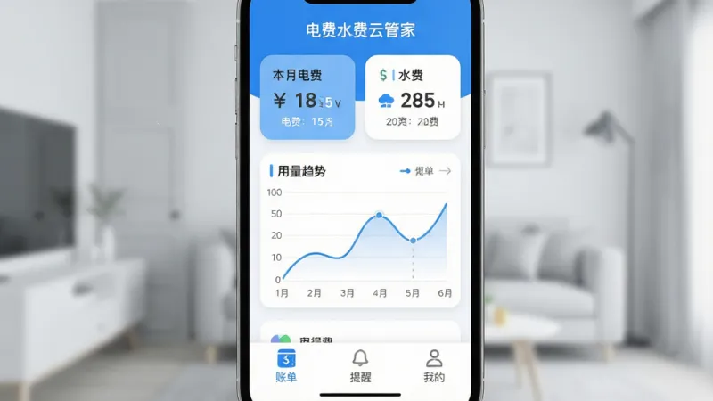 手机屏幕特写,画面中央展示一款名为“电费水费云管家”的APP主界面,界面采用蓝白配色,顶部卡片显示本月电费和水费金额,中部有折线图展示用量趋势,底部为账单、提醒、我的三个选项卡,背景为浅灰色居家环境虚化,风格现代扁平,图标圆润清晰,画质干净明亮,无多余装饰元素