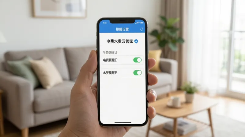 一只手拿着手机,屏幕显示“电费水费云管家”的提醒设置页面,页面中有“电费提醒日”“水费提醒日”两个选项,旁边有开关按钮处于开启状态,背景为家居客厅环境,风格写实自然,光线明亮柔和,画质干净清晰,无多余贴纸或水印