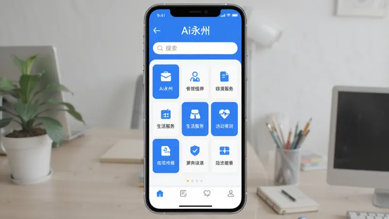 手机屏幕中央展示“Ai永州”应用主界面,整体布局为顶部城市名称与搜索栏,中部为生活服务功能卡片九宫格,底部为导航栏,风格简洁现代扁平化,蓝白配色为主,画质干净清晰,无多余装饰元素