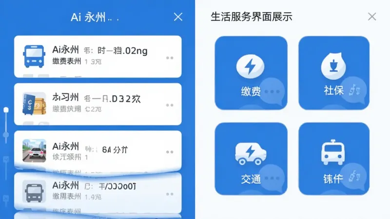 “Ai永州”应用功能界面展示,画面左侧为资讯列表卡片,右侧为生活服务图标矩阵,包含缴费、社保、交通等图标,整体采用蓝白配色,扁平化设计风格,界面排版整齐,画质干净无杂乱元素