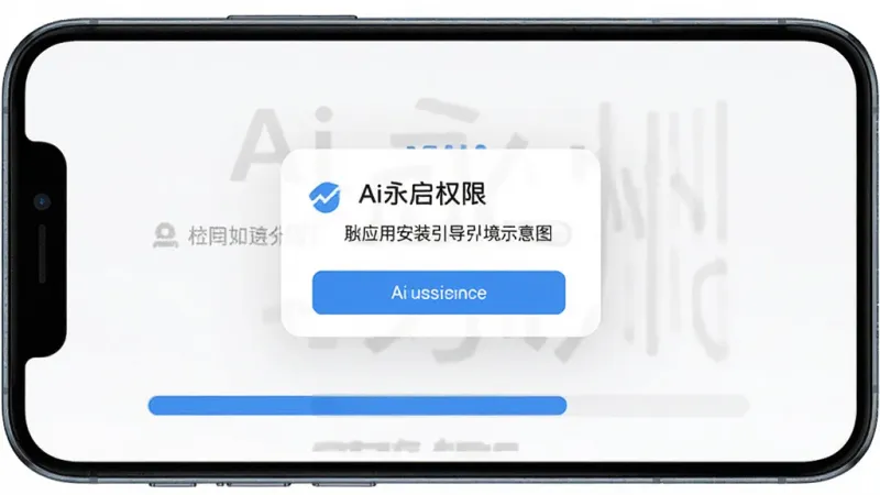 “Ai永州”应用安装引导界面示意图,手机屏幕显示权限开启提示弹窗与安装进度条,界面风格简洁,蓝白配色,文字标签清晰,整体画质干净,无多余装饰