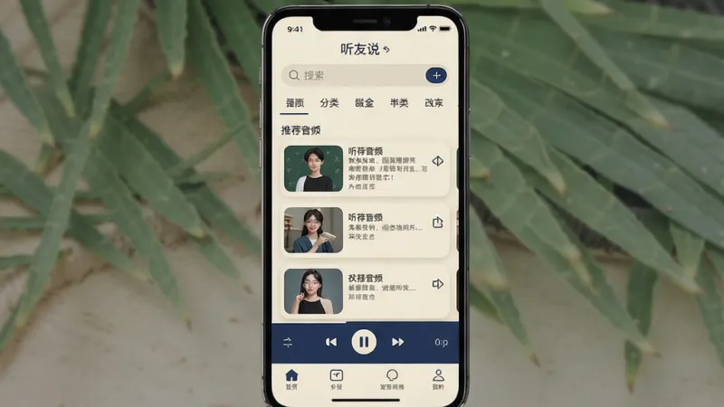 一张手机应用界面展示图,画面中央是一部竖屏手机,屏幕上显示“听友说”App的主界面,顶部有搜索栏和分类标签,中间是推荐音频卡片列表,底部是播放控制条和导航栏,整体配色以浅米色和深蓝色为主,风格简洁干净,扁平化设计,图标圆润,画质清晰,无多余装饰元素