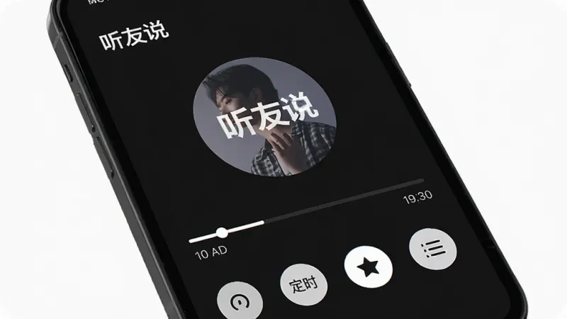 一张手机屏幕特写图,展示“听友说”App的播放界面,中央是圆形音频封面图,下方有播放进度条和时间显示,底部排列着倍速、定时、收藏、列表等圆形功能按钮,背景为深色模式,界面元素分布均匀,风格现代简约,画质干净,无杂乱信息