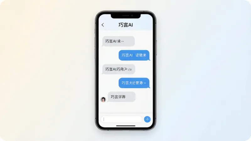 一张展示巧言AI应用主界面的手机样机图,画面中央是手机屏幕,屏幕内显示巧言AI的聊天对话界面,界面顶部有“巧言AI”字样,对话气泡清晰,底部有输入框,整体布局简洁,背景为浅色渐变,风格现代扁平化,细节圆润,画质干净清晰,无多余装饰元素