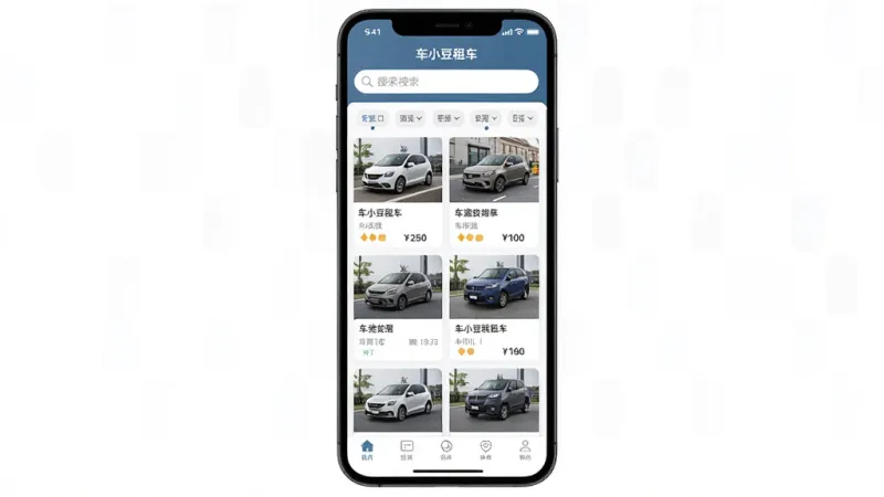 手机屏幕显示“车小豆租车”APP的车辆列表界面,顶部有搜索框和筛选标签,中间是整齐排列的车辆卡片,每张卡片包含车辆图片、名称和价格,底部有导航栏,整体布局清晰,风格现代扁平,画质干净无多余元素