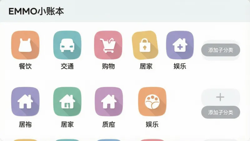 一张“EMMO小账本”分类管理界面的展示图，画面中排列着餐饮、交通、购物、居家、娱乐等多个彩色分类图标，每个图标下方标注中文名称，右侧有添加子分类的按钮，界面风格扁平清爽，配色柔和，排版整齐，画质干净，突出分类管理的便捷感