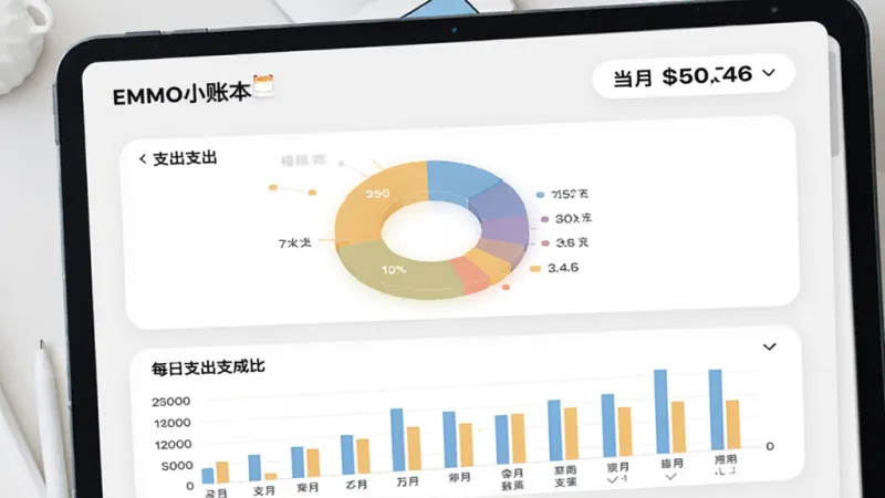 一张“EMMO小账本”月度统计页面的展示图，画面中包含一个彩色饼状图展示各分类支出占比，下方为每日支出柱状图，顶部显示当月总支出金额，界面采用浅色主题与圆角卡片，数据可视化清晰直观，风格现代简约，画质干净无杂乱元素