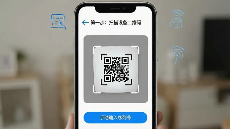 艾罗云App安装与设备绑定流程示意图,手机屏幕显示添加设备界面,中间是扫描设备二维码的取景框,下方有“手动输入序列号”按钮,屏幕上方有步骤提示“第一步:扫描设备二维码”,界面以白色背景搭配蓝色高亮按钮,风格简洁引导式设计,图标清晰,画质干净无多余元素