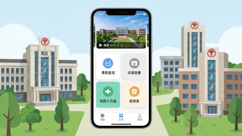 一张展示福建卫生职业技术学院数字校园App全貌的场景图,画面中心是一部智能手机,屏幕显示App首页布局,顶部是校园风景轮播图,中间是课表查询、成绩查看、校园卡充值、报修服务四个大图标卡片,底部是消息、应用、我的三个导航标签,手机周围环绕着福建卫生职业技术学院的标志性教学楼和绿树,风格清新现代扁平化,细节干净,画质清晰明亮,无多余装饰元素
