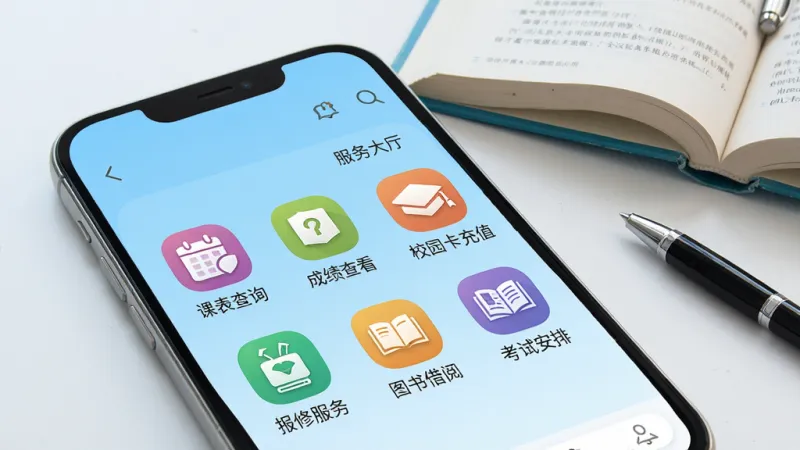 福建卫生职业技术学院数字校园App的服务大厅界面特写,画面展示手机屏幕上的功能图标网格,包含课表查询、成绩查看、校园卡充值、报修服务、图书借阅、考试安排六个彩色图标,图标下方有中文标签,背景是浅蓝色渐变,手机旁边放着一本翻开的课本和一支笔,风格简洁明快,画质干净清晰,无多余元素
