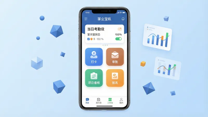 一张展示掌业宝软件核心全貌的场景图,画面中央是一部现代智能手机,屏幕显示掌业宝主界面,顶部是公司名称和当日考勤状态卡片,中间排列着打卡、审批、项目看板、报表四个彩色功能图标,图标设计为圆角扁平风格,底部导航栏有消息、通讯录、工作台、我的四个选项卡。手机背景是简洁的浅蓝色渐变,周围漂浮着代表效率的几何小元素和抽象的数据图表,整体风格现代商务、干净清爽,画质高清,无多余杂乱元素。