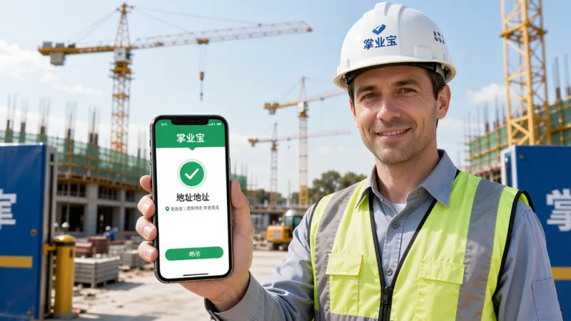一张展示掌业宝移动考勤功能的场景图,画面中一位戴着安全帽的工程师站在建筑工地门口,手持智能手机,屏幕显示掌业宝打卡成功界面,界面上有绿色的对勾图标和当前定位地址。背景是正在施工的工地和塔吊,画面风格写实明亮,突出外勤打卡的便捷场景,画质清晰,无多余元素。