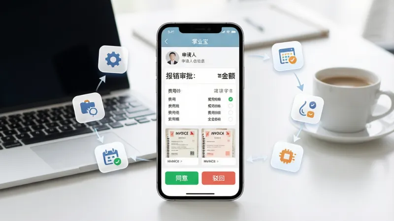 一张展示掌业宝审批流程功能的场景图,画面中央是一部手机,屏幕显示一条报销审批单详情页,顶部是申请人信息和金额,中间是费用明细和发票缩略图,底部有同意和驳回两个大按钮。手机旁边漂浮着几个抽象的流程节点图标,用箭头连接,代表流程流转。背景是干净的办公桌面,有笔记本电脑和咖啡杯,风格商务简约,画质高清,无杂乱元素。