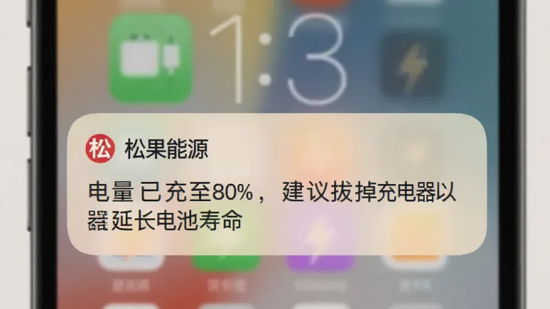 手机锁屏界面弹出一条来自“松果能源”的充电提醒通知,通知内容显示“电量已充至80%,建议拔掉充电器以延长电池寿命”,通知卡片为圆角设计,背景模糊处理,整体色调柔和,画质清晰无杂乱