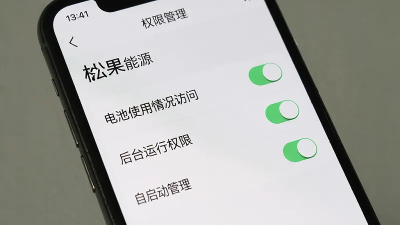 手机屏幕展示“松果能源”的权限管理设置页面,页面中列有“电池使用情况访问”“后台运行权限”“自启动管理”等选项,每个选项旁边有开关按钮,界面设计简洁,文字标签清晰,背景为浅色,画质干净无冗余元素
