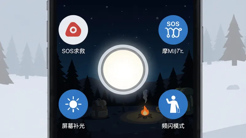 手电筒SOS户外助手App主界面全貌展示,手机屏幕中央是一个亮着强光的圆形手电筒开关按钮,周围环绕着SOS求救、摩尔斯电码、频闪模式、屏幕补光四个功能图标,背景是深色户外夜景氛围,界面设计简洁扁平化,蓝白配色为主,画质干净清晰,无多余装饰元素,文字标签明确,整体呈现出现代工具类App的清爽感