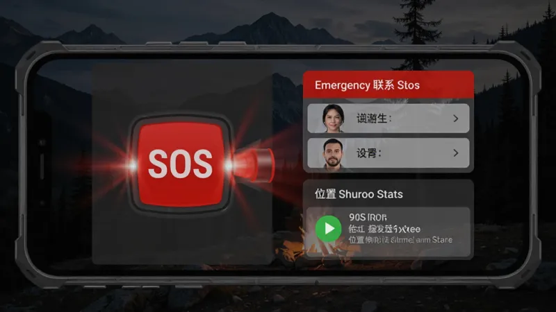 手电筒SOS户外助手SOS求救功能界面,手机屏幕显示醒目的红色SOS求救按钮和正在闪烁的灯光效果,旁边有紧急联系人设置面板和位置信息发送状态提示,背景为深色户外山林场景,界面风格硬朗实用,红色与深灰配色突出紧急感,画质干净利落,无杂乱元素
