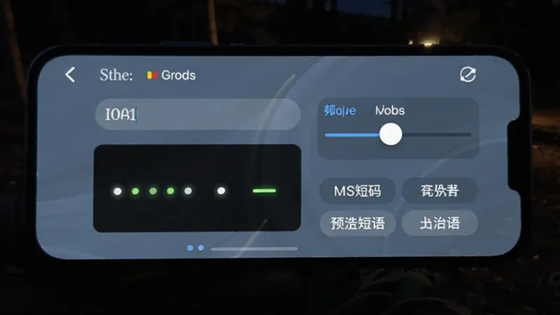 手电筒SOS户外助手摩尔斯电码功能演示界面,手机屏幕显示字母输入框和对应的点划闪烁信号图示,旁边有频率调节滑块和预设短语快捷按钮,背景为暗光环境下的手机操作特写,界面设计清晰直观,蓝灰色调为主,画质干净无噪点,功能分区明确