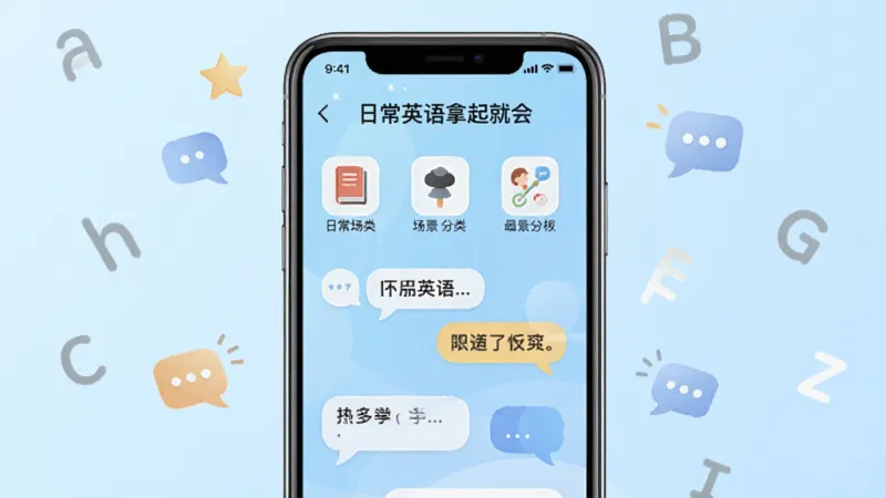 一张展示“日常英语拿起就会”App核心界面的手机样机图，手机屏幕显示日常英语口语对话练习页面，包含场景分类图标和对话气泡，背景为浅蓝色渐变，周围有英语字母和对话符号点缀，风格简洁清新，画质干净，无多余元素