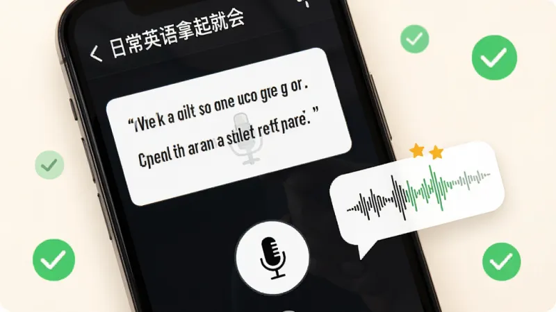 一张“日常英语拿起就会”App跟读练习界面的特写图，画面中手机屏幕显示一句英文对话和麦克风按钮，旁边有发音波形和评分反馈气泡，背景为暖白色，点缀少量绿色对勾图标，风格明快，细节清晰，画质干净，无多余元素