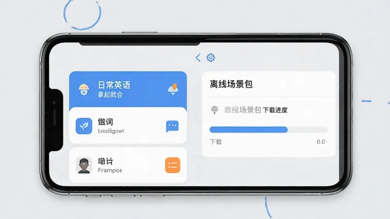 一张“日常英语拿起就会”App生词本与离线包管理界面的展示图，手机屏幕左侧显示生词列表卡片，右侧显示离线场景包下载进度条，背景为浅灰色，搭配蓝色和橙色小图标，风格扁平现代，布局清晰，画质干净，无多余元素