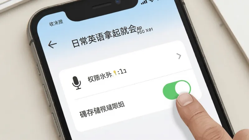 一张展示手机安装“日常英语拿起就会”App后权限设置界面的示意图，屏幕显示麦克风和存储权限开关，旁边有手指点击图标，背景为浅色桌面，风格写实，细节清楚，画质干净，无多余元素