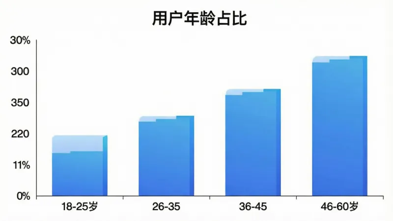 一张展示“日常英语拿起就会”用户年龄分布的柱状图，横轴为18-25岁、26-35岁、36-45岁、46-60岁四个年龄段，纵轴为人数占比，柱体为蓝色渐变，背景为白色，图表标题为“用户年龄占比”，风格简洁数据化，画质干净，无多余元素