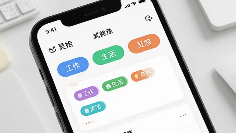 画面展示“灵拾”应用内标签筛选功能的特写,手机屏幕上有“工作”“生活”“灵感”三个彩色标签胶囊,下方是带标签的卡片列表,背景为浅灰工作台桌面,风格清新扁平,画质干净