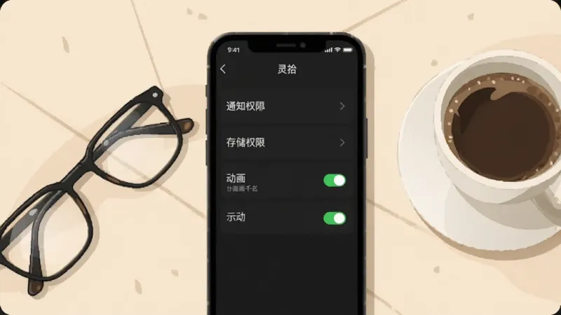 画面为手机屏幕显示“灵拾”应用设置界面,包含通知权限、存储权限、动画开关等选项列表,旁边放着一副眼镜和一杯咖啡,风格生活化扁平插画,画质干净