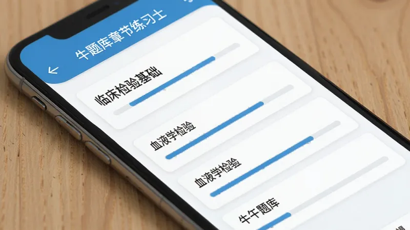 临床医学检验技术士牛题库章节练习界面,手机屏幕显示临床检验基础、血液学检验等模块列表,每个模块带进度条,蓝白色调,扁平化设计,界面干净整洁,无广告弹窗,画质清晰