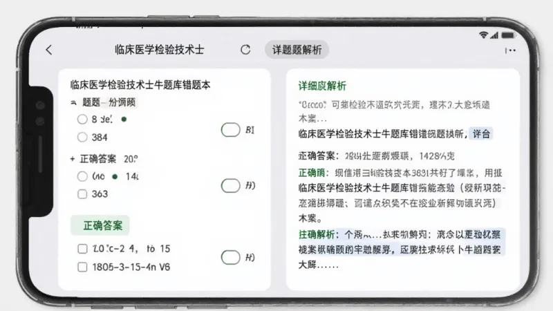 临床医学检验技术士牛题库错题本界面,手机屏幕显示错题列表和详细文字解析,包含题目、选项、正确答案和解析内容,浅灰色背景,卡片式布局,文字清晰易读,风格简洁