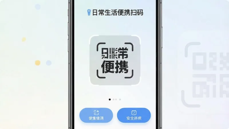一张展示“日常生活便携扫码”App核心界面的手机截图,主体为手机屏幕,布局居中,屏幕中显示简洁的扫码取景框和下方功能按钮,排版清晰,风格现代扁平化,细节圆润,画质干净清晰,无多余元素,背景为浅色渐变,突出软件名称“日常生活便携扫码”字样