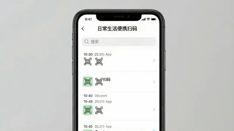 一张“日常生活便携扫码”App扫码历史记录界面展示图,主体为手机屏幕,布局为列表式排版,风格简洁实用,细节包含时间戳、扫码类型图标、搜索框,画质干净清晰,无多余元素,屏幕顶部显示“日常生活便携扫码”标题