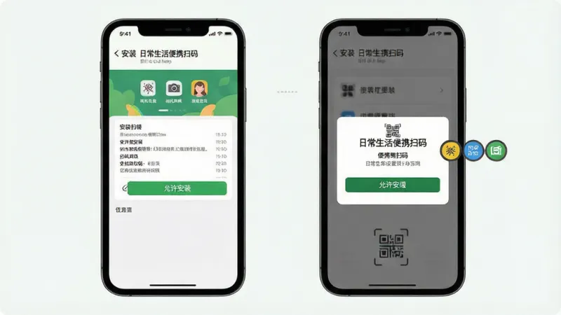 一张“日常生活便携扫码”App安装与权限设置引导示意图,主体为手机屏幕展示安装界面和权限弹窗,布局上下排列,风格清晰直观,细节包含“允许安装”“相机权限”等按钮高亮标注,画质干净清晰,无多余元素,画面带有“日常生活便携扫码”文字