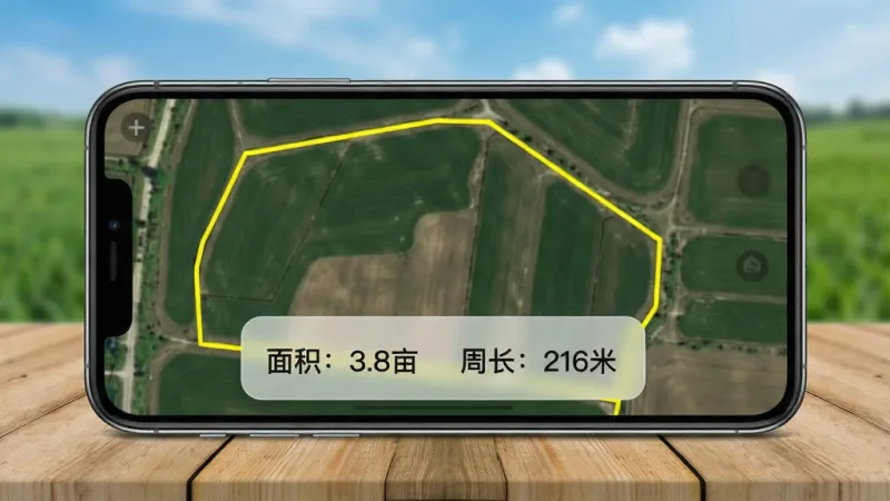 一张测亩测距仪软件功能展示图,画面中一部手机平放在木桌上,屏幕里显示着不规则农田的卫星俯视图,地块边缘用亮黄色线条勾勒闭合,界面下方弹出半透明卡片显示“面积:3.8亩 周长:216米”,卡片设计简洁圆润,背景是模糊的绿色农田与蓝天,风格清新自然,画质干净,无多余元素