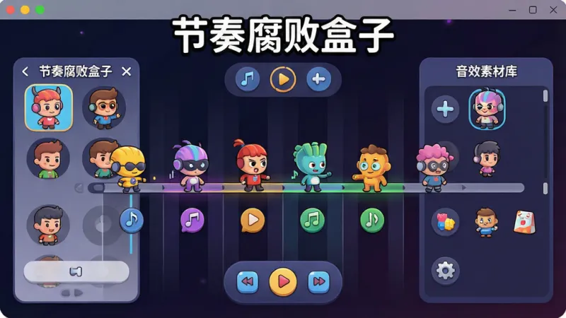 一张展示节奏腐败盒子软件核心界面的全景图，画面中央是软件主界面，包含多个彩色卡通角色排列在节奏轨道上，每个角色对应不同音效图标，背景为深色渐变，顶部有软件名称“节奏腐败盒子”字样，界面布局清晰展示角色选择区、节奏播放控制区和音效素材库入口，整体风格活泼明快，细节圆润，画质干净无多余元素