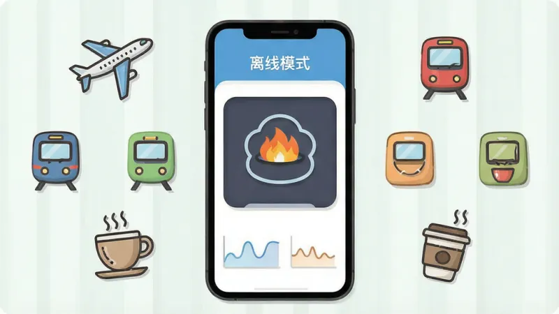 一张节奏腐败盒子离线使用场景图，画面中手机屏幕显示软件界面，周围有飞机、地铁、咖啡杯等图标环绕，表示离线可用，界面顶部有“离线模式”字样，整体风格轻松生活化，画质干净无多余装饰